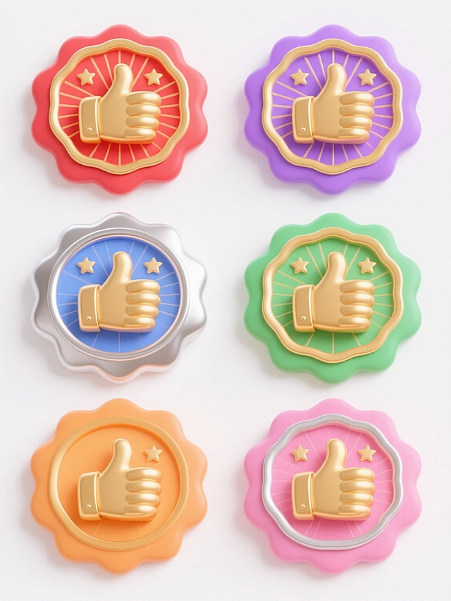 一系列六个设计风格统一的徽章图标，每个徽章中心均为金色立体大拇指点赞手势，外框为波浪形花瓣边缘，内部背景有放射状渐变线条和两颗小星星装饰，整体呈现出圆润、卡通、具有光泽感的3D图标风格，光影过渡平滑自然，立体感强。六个徽章分别采用完全不同的纯色背景及对应搭配的边框和细节色彩（例如：红色背景配金色边框、蓝色背景配银色边框、绿色背景配金色边框、紫色背景配银色边框、橙色背景配金色边框、粉色背景配银色边框），所有元素内容保持不变仅整体色彩变换，六个徽章规整地并排排布在白色背景上，形成一套系列素材集合。