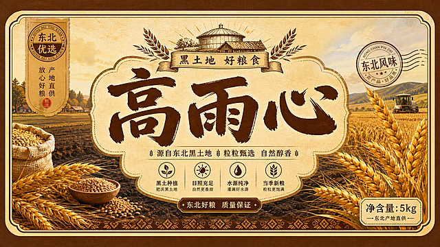 一张长方形的具有东北特色的粮食不干胶设计，不干胶上突出显示品名"高雨心"，融入东北黑土地、金黄麦穗元素，风格质朴乡土，暖色调