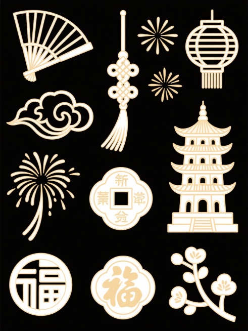 一组中国传统金色线条风格的装饰图案，包含扇形、灯笼、中国结、祥云、烟花、宝塔、古钱币、福字纹和梅花等元素，线条纤细流畅，呈浅金色，图案排列整齐，背景为纯白色，整体呈现简洁典雅的传统中国风设计感。预览效果