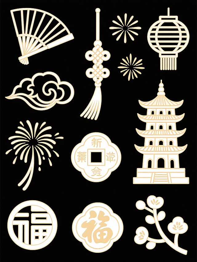 一组中国传统金色线条风格的装饰图案，包含扇形、灯笼、中国结、祥云、烟花、宝塔、古钱币、福字纹和梅花等元素，线条纤细流畅，呈浅金色，图案排列整齐，背景为纯白色，整体呈现简洁典雅的传统中国风设计感。