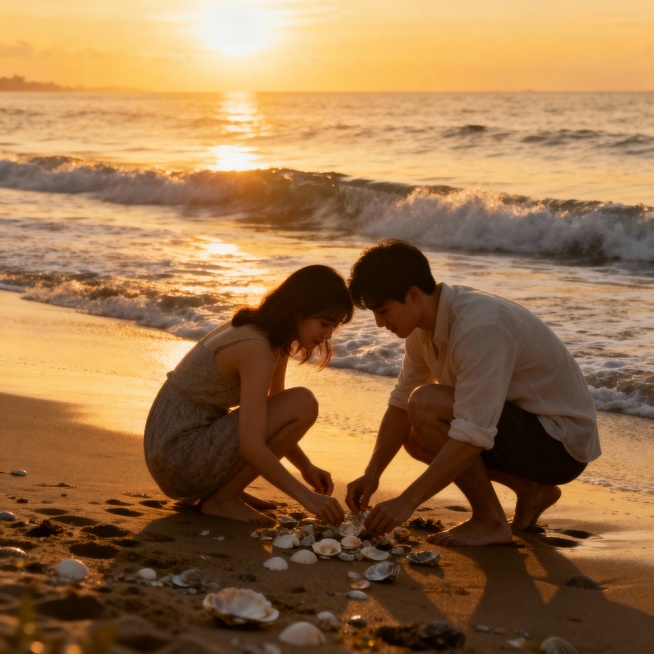 帮我生成20个写实风格的甜蜜浪漫主题的情侣照片，背景包括海边日落、蓝天绿地、室内温馨场景与黑白漫画等多种风格，情侣们或相拥、比心、亲吻、对视互动，整体色调丰富多变，洋溢着温暖幸福的氛围，呈现多样化的浪预览效果