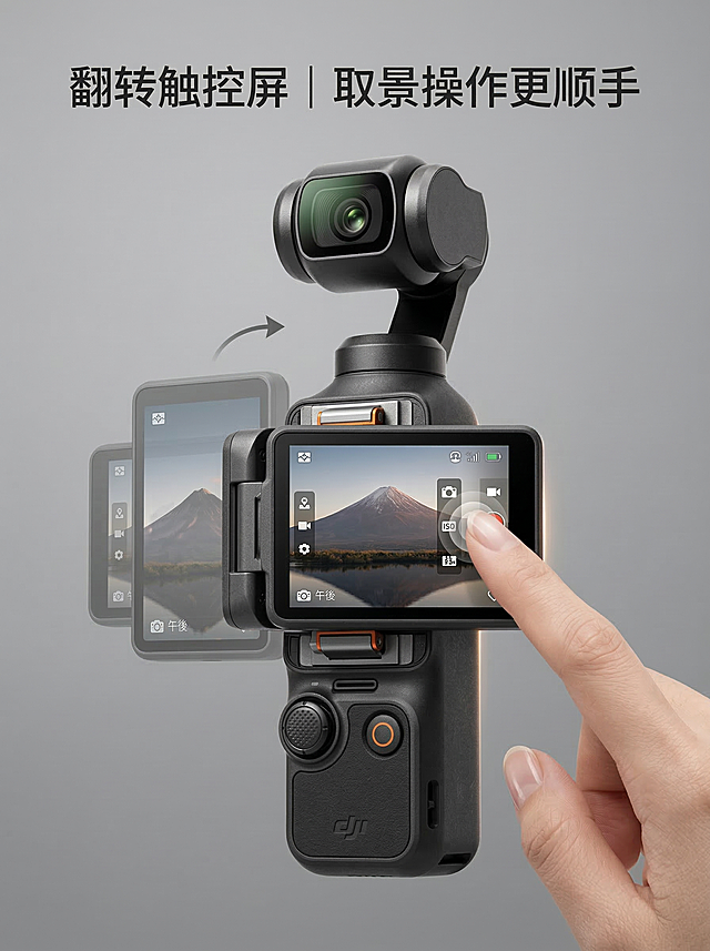 【核心主体】：DJI Osmo Pocket 3口袋云台相机，带产品主体，可翻转触控屏展示 【核心内容】：屏幕翻转不同角度，手指触控操作界面，屏幕显示实时取景画面，哑光机身质感，侧逆光勾勒轮廓，清晰展示屏幕与机身连接结构，8K超高清、300DPI、商业摄影级超写实画质，主色调深空灰、辅助色科技银与活力橙 【构图光影】：细节构图，侧逆光轮廓光+柔光漫射 【文案排版】：二级标题"翻转触控屏｜取景操作更顺手"画面顶部1/5处，思源黑体SemiBold 40pt字重600，左右边距各40px 【负面提示】：低分辨率、模糊、变形、画面杂乱、色彩溢出、文字乱码、文字错字、文字变形、水印、非DJI logo、竞品元素、人物畸形、产品比例失调、构图混乱、多余无关元素，出现三轴防抖/夜景卖点内容，文字遮挡产品主体，屏幕结构展示不清晰