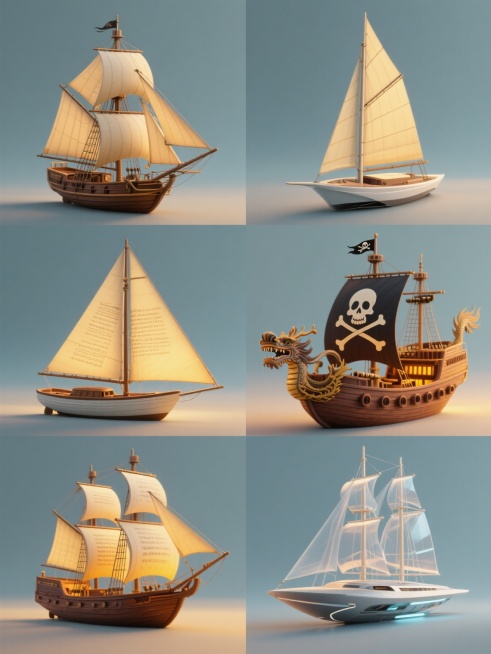 一张展示6个不同造型帆船模型的3D立体风格系列素材集合海报，每个帆船均保持木质船体与书页质感船帆的核心元素，造型分别为：1.经典三桅帆船（主帆高耸，多面副帆），2.复古单桅小帆船（圆形船尾，简洁单帆），3.现代竞速帆船（流线型船体，低平三角帆），4.海盗风格帆船（骷髅旗，多层甲板炮口），5.东方古帆船（四角帆，龙形船首），6.未来概念帆船（透明材质帆面，几何结构桅杆）。帆船们以2x3网格形式规……预览效果