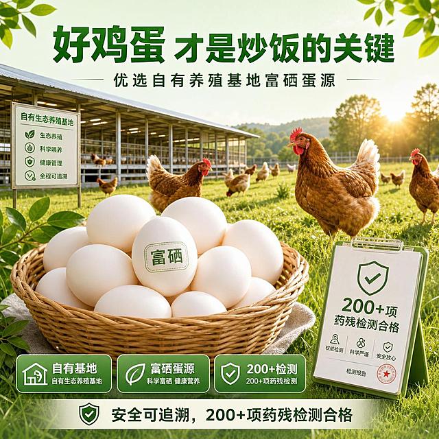 [主图4-原料] 好鸡蛋·自有养殖基地富硒蛋源主图。
[氛围/风格] 自然安心感，绿色生态风，食材真实质感，商业摄影质感。
[元素布局] 画面上半部分为现代化生态养殖基地场景，干净整洁的鸡舍，阳光充足，鸡群健康活泼，绿色草地背景；画面下半部分为一篮新鲜鸡蛋，鸡蛋壳干净有光泽，其中一个鸡蛋上有「富硒」小标；旁边放一个检测报告图标，象征200+项药残检测合格；整体给人安全可追溯的安心感。
[光影质感] 自然光效，阳光明媚，鸡蛋干净有光泽，基地场景清新自然，整体给人安全放心的感觉。
[配色色系] 全局底色 #E8F5E9 浅绿渐变；主色绿色 #4CAF50、蛋壳白 #FAFAFA；辅助色阳光黄 #FFEB3B、草地绿 #8BC34A。
[视角构图] 上基地场景 + 下鸡蛋特写，上下分区构图，纵向阅读动线。
[文字版式] 顶部大标题 + 上基地场景 + 下鸡蛋展示。主标题「好鸡蛋 才是炒饭的关键」，绿色粗体字，最大号；副标题「优选自有养殖基地富硒蛋源」，深绿色字，约半高；下方说明文字：「安全可追溯，200+项药残检测合格」；配三个小标签：「自有基地」「富硒蛋源」「200+检测」；文字清晰可读，不遮挡主体。
[比例分辨率] 1:1方图比例，4K分辨率，文字清晰可辨，高清画质。
[负向提示词] 变形，文字错乱，产品图模糊，背景杂乱，水印，电商平台Logo，鸡蛋不真实，基地场景脏乱，颜色偏差。