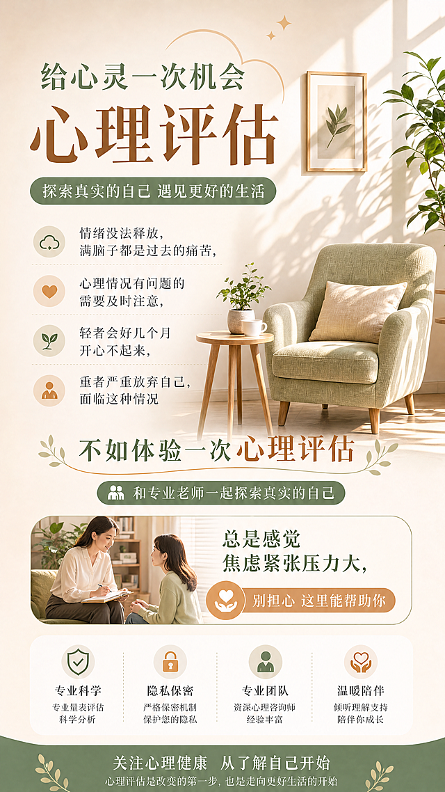 保持原海报内容不变，将所有插画和场景修改为真实摄影风格，保留文字排版和配色方案，整体为暖色调温馨治愈的心理评估宣传海报，细节清晰画质高