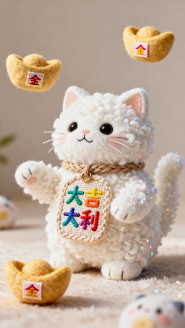 白色羊羔绒招财猫的脖子上，挂着一个用毛线编织而成的铭牌，上面绣着“大吉大利”。它周围漂浮的毛绒小元宝上，也贴着小小的“金”字布标。预览效果