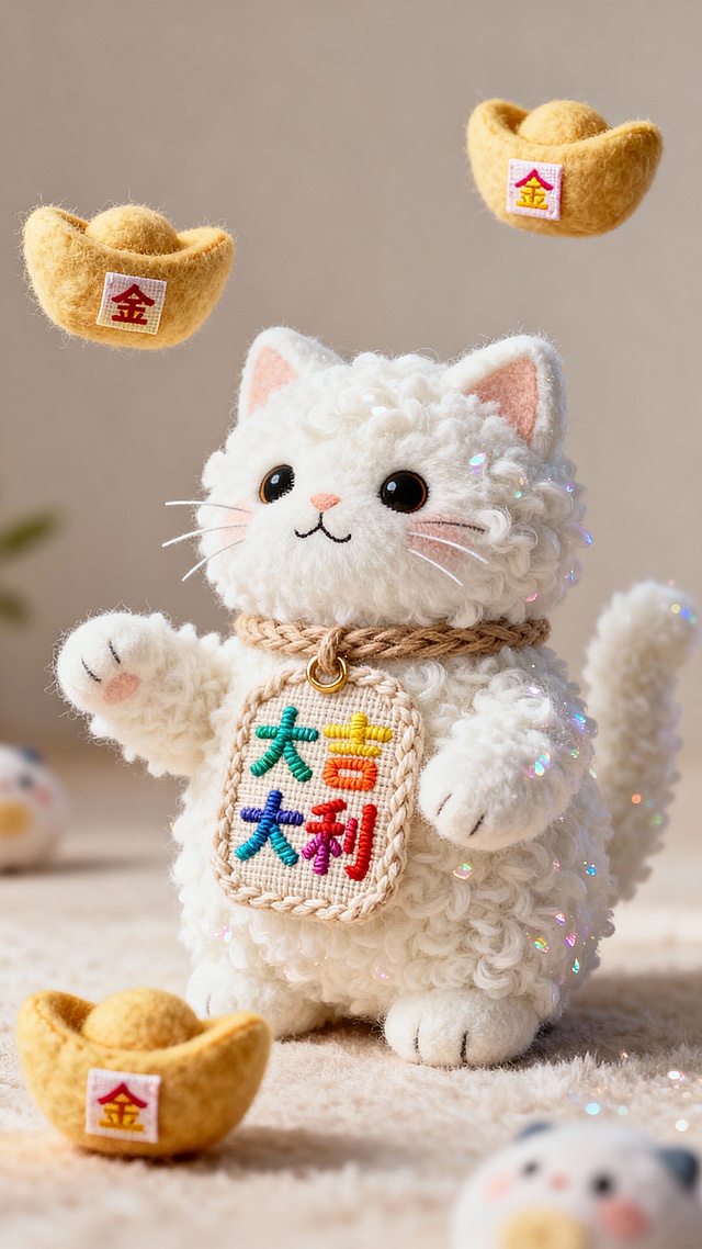 软3D毛绒猫萌趣十足，刺绣风“大吉大利”配色喜庆，金元宝环绕，国潮元素与卡通感融合，营造可爱又祥瑞的节日氛围。