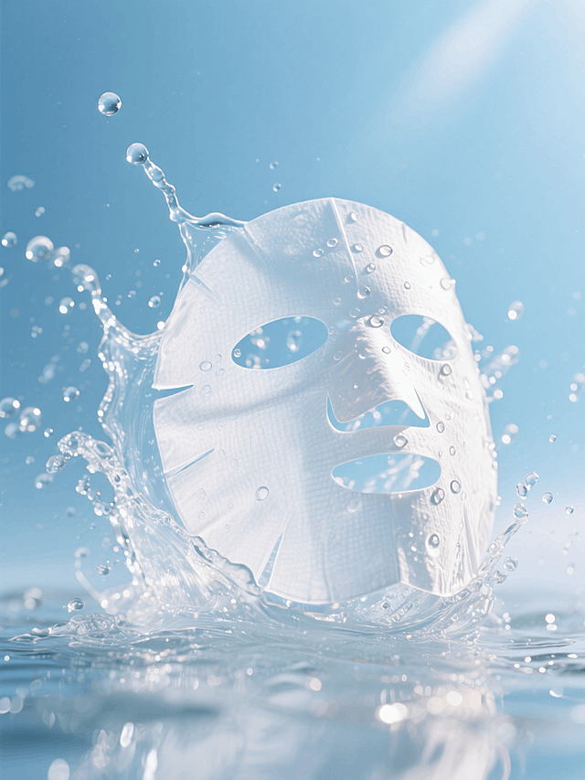 一片面膜的特写，被包裹在一股泼溅的水中（从地面泼溅而起，激起水花，水花晶莹剔透，折射着光线），背景是蓝天