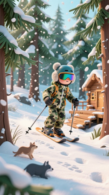 主视觉是穿迷彩滑雪服的卡通滑雪者，戴毛绒护耳头盔，持杖穿越林间，周围飘着松针与雪粒（用散射线条强化动感）。背景是茂密雪松林，林间藏着木栈道与小木屋，雪地有动物足迹，配色绿棕 + 雪白，硬核探险风，充满预览效果