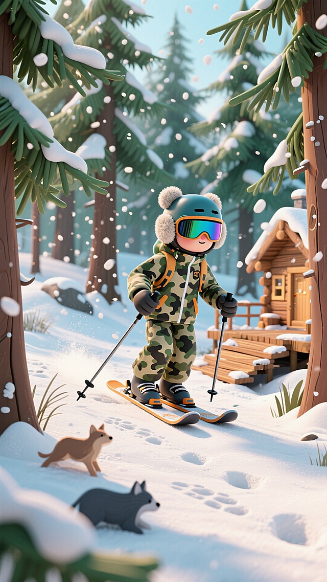 主视觉是穿迷彩滑雪服的卡通滑雪者，戴毛绒护耳头盔，持杖穿越林间，周围飘着松针与雪粒（用散射线条强化动感）。背景是茂密雪松林，林间藏着木栈道与小木屋，雪地有动物足迹，配色绿棕 + 雪白，硬核探险风，充满野趣。
