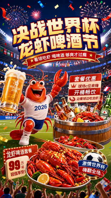 世界杯啤酒小龙虾夜市促销卡通风竖版海报预览效果