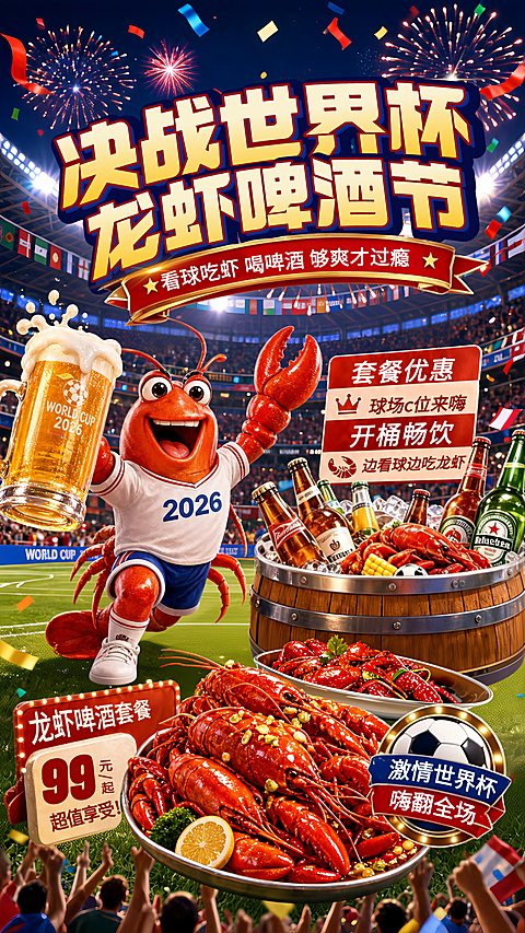 世界杯啤酒小龙虾夜市促销卡通风竖版海报