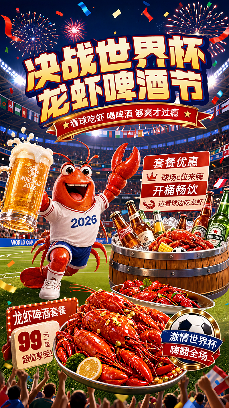 世界杯啤酒小龙虾夜市促销卡通风竖版海报