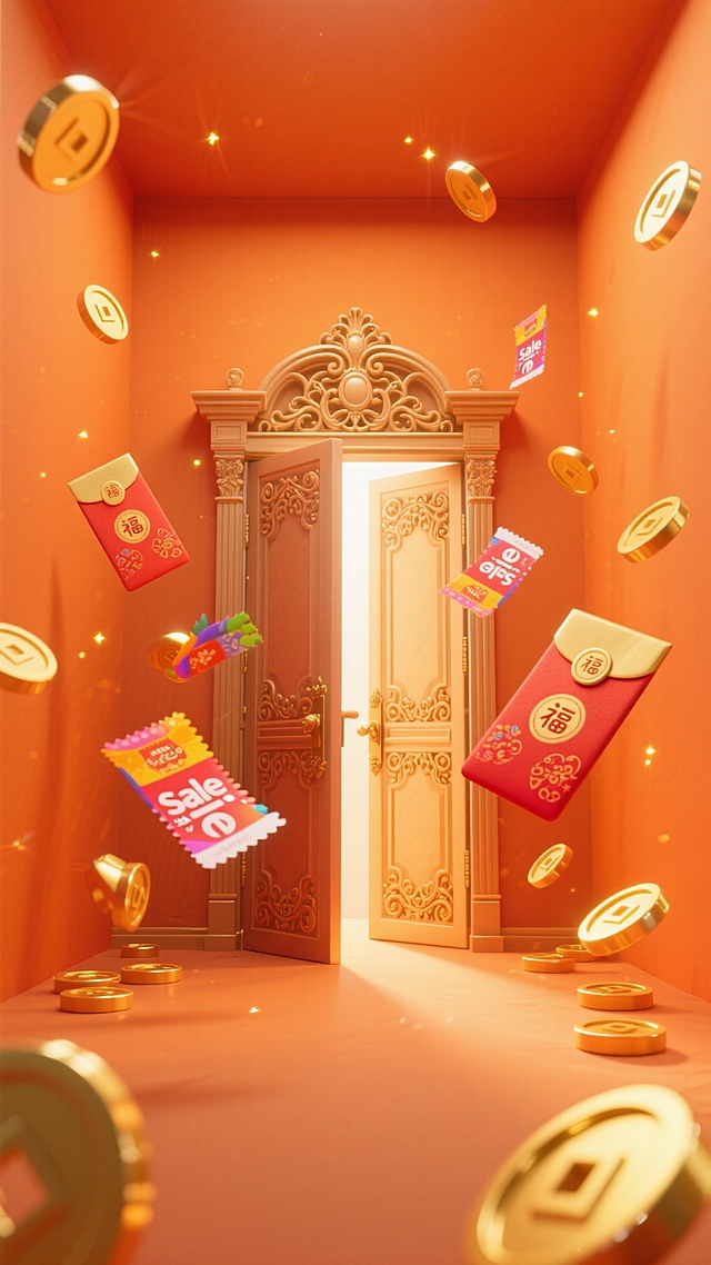橙色立方体空间尽头是打开的精致欧式雕花大门，四周的金币、红包、sale优惠券向门急速飞去，强动态感