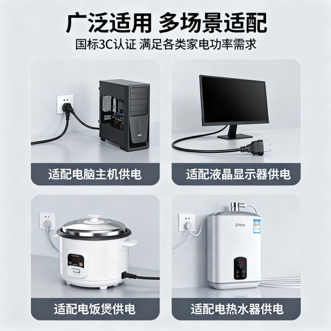 电源线适用场景详情图，四宫格展示四个常见使用场景：电脑主机、液晶显示器、电饭煲、电热水器，每个场景放一小段对应说明文字，浅灰色背景，主标题广泛适用 多场景适配，副标题国标3C认证 满足各类家电功率需求预览效果