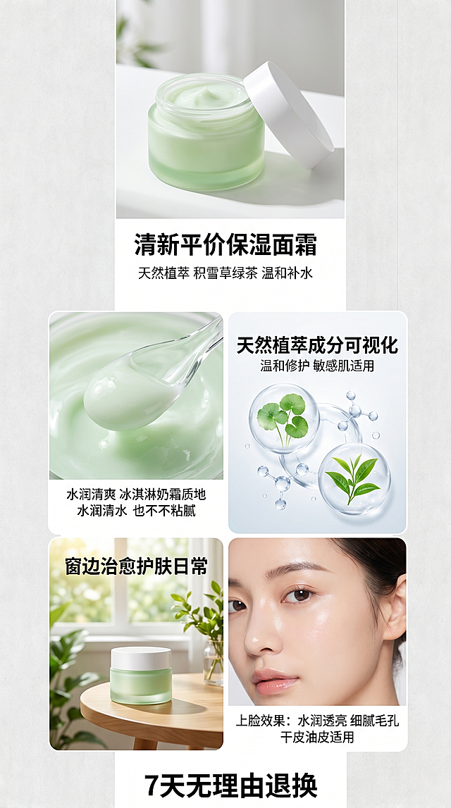 清新自然的扁平风设计，融合轻拟物与玻璃质感，呈现清爽通透的视觉体验，突出天然植萃成分，传递柔和舒适的护肤感受。