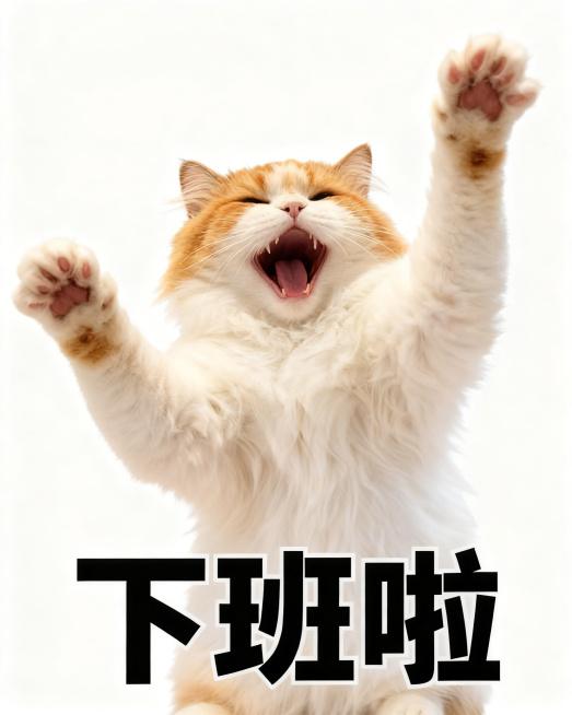 给图中的布偶小猫搭配可爱搞怪动作：开心大笑举起爪子，白色纯色背景，下方配黑色粗体文字“下班啦”，风格和参考的橘猫上班表情包一致预览效果