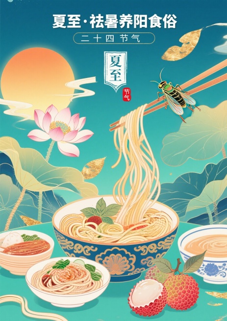 国潮插画风格，二十四节气夏至饮食指南海报，画面主体是夏至面、荔枝、凉面等夏至传统食物，搭配骄阳、蝉鸣、荷花盛开等夏至节气元素，顶部有文字"夏至·祛暑养阳食俗"，整体色调热烈明快，传统国风配色，适合上墙预览效果