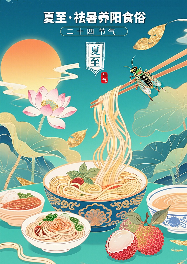 国潮插画风格，二十四节气夏至饮食指南海报，画面主体是夏至面、荔枝、凉面等夏至传统食物，搭配骄阳、蝉鸣、荷花盛开等夏至节气元素，顶部有文字"夏至·祛暑养阳食俗"，整体色调热烈明快，传统国风配色，适合上墙展示
