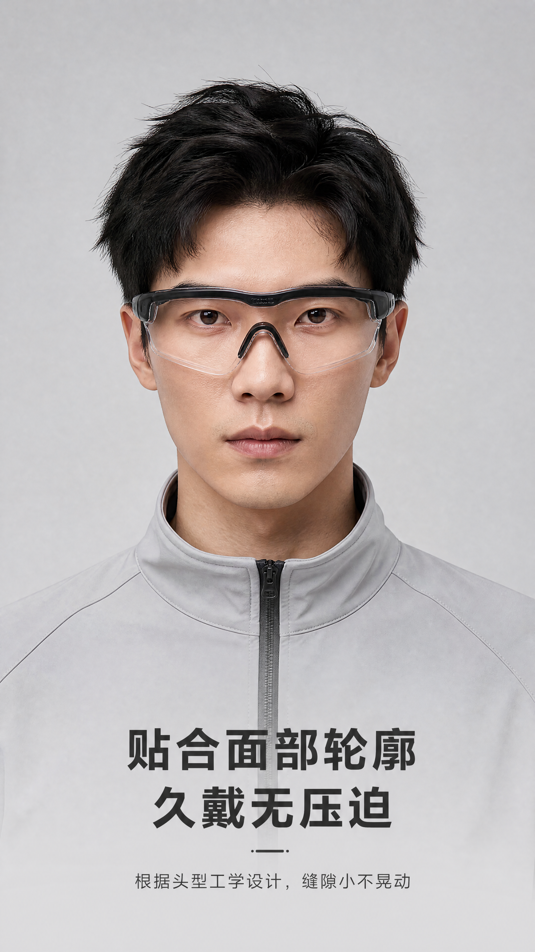 [第3屏] 佩戴贴合度展示页。亚洲男性模特正面佩戴，展示护目镜… - 图片创意预览