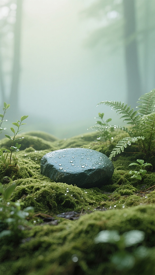 湿润的苔藓覆盖着起伏的地面，中央放置一块表面光滑的圆形青石，周围点缀着带有露珠的蕨类和小型绿色植物，背景是柔和渐变的浅绿色，整体呈现出清晨森林中宁静自然的氛围，光线柔和地洒在苔藓和植物上，营造出清新湿润的感觉。