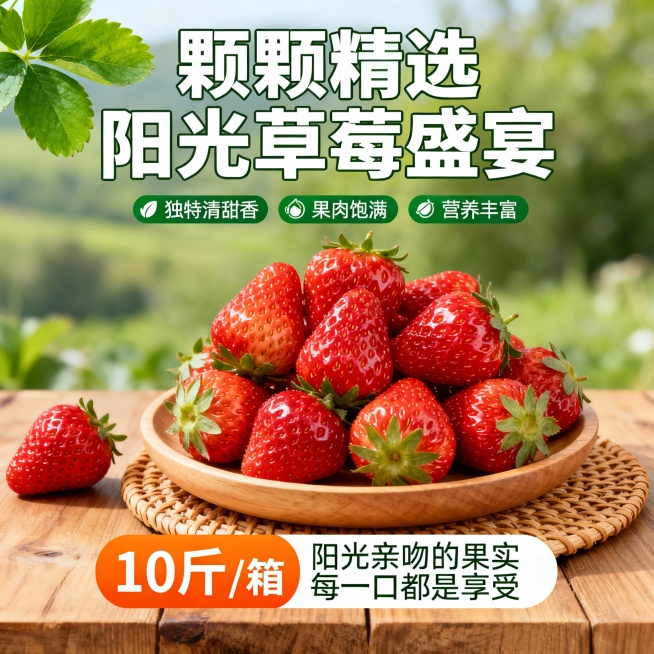 一张水果促销海报，保持原画面的排版布局和配色方案不变。主体是一盘新鲜的草莓，草莓色泽鲜红，表面有自然的光泽和细小的草莓籽，果蒂翠绿。盘子是木质的，放在编织的垫子上，垫子置于木质桌面上，旁边散落着一颗完整的草莓。背景是模糊的绿色自然景观，左上角有几片绿色的叶子。海报上方有大标题文字“颗颗精选 阳光草莓盛宴”，下方有三个绿色图标和文字描述“独特清甜香”、“果肉饱满”、“营养丰富”，底部有橙色价格标……电商主图商品主图预览效果