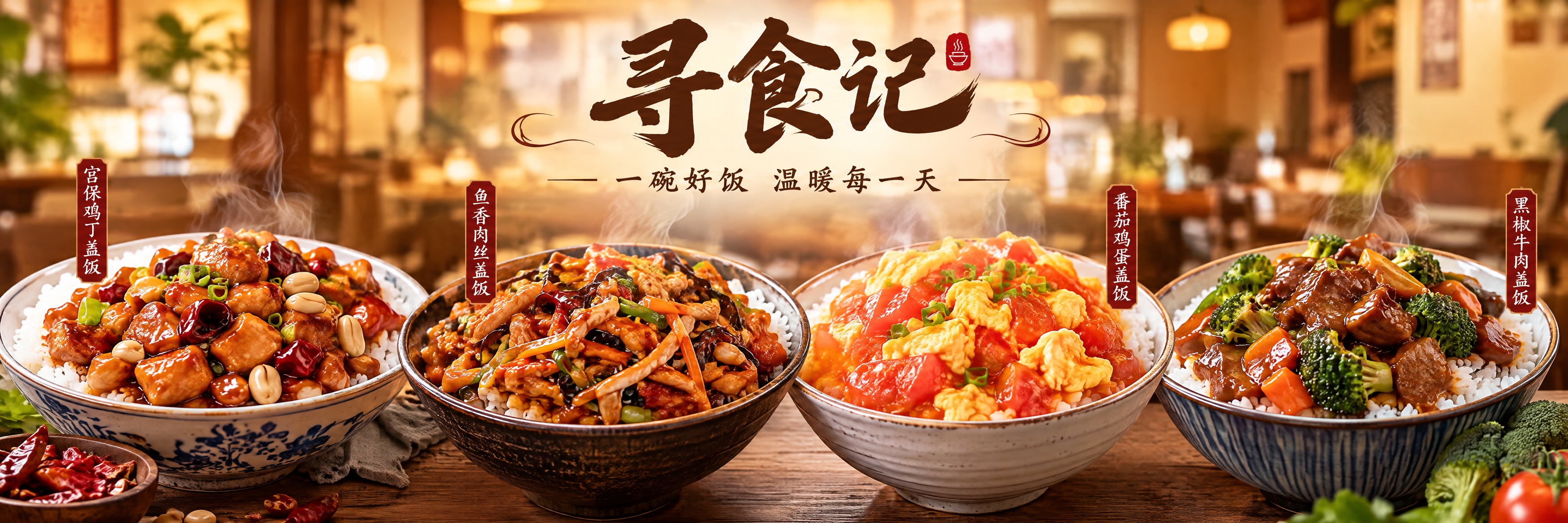 餐饮横版海报设计，店名"寻食记"，超宽幅横版构图，画面主体是多… - 图片创意预览