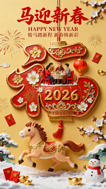 微缩艺术，马年新春海报，喜庆，融合传统新春元素与萌系Q版设计。前景为Q版奔跑姿态马形吉祥物，搭配红包、金元宝装饰；中心主体是巨大红色花灯春字造型（作为场景容器），中式纹样，春字内部嵌入微缩家庭聚餐场景预览效果