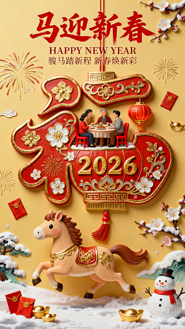 国潮风微缩艺术海报，融合粘土质感与浮雕设计，卡通马儿奔腾迎春，喜庆红金配色尽显中式年味，家庭围坐年夜饭场景温馨祥和，寓意新春焕新彩。