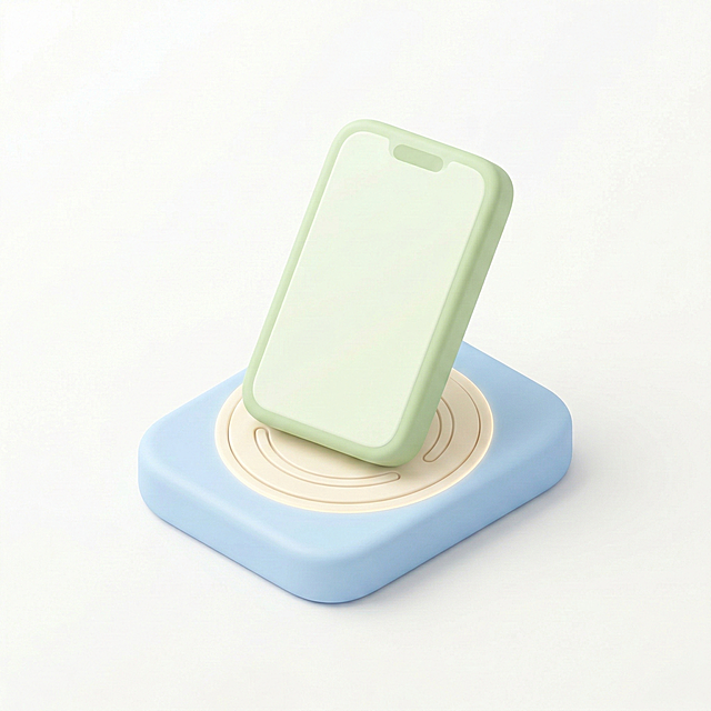 清新柔和的3D轻拟物风格，塑料质感手机与充电底座，传递舒适静谧的日常美学。