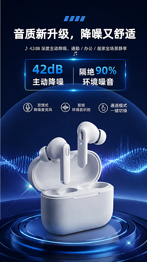 蓝牙耳机产品功能介绍营销科技风电商全屏竖版海报