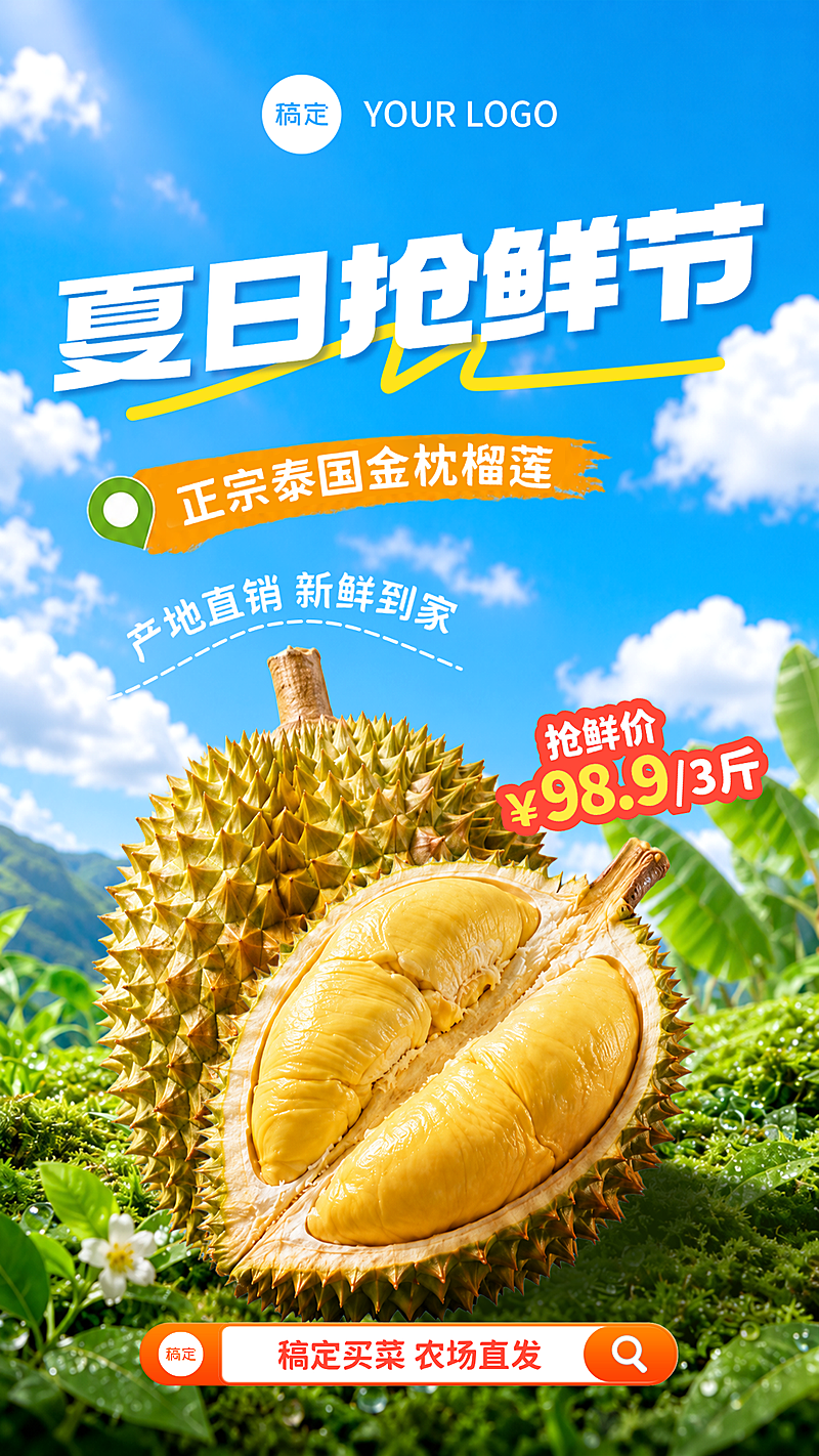 夏日促销感生鲜抢鲜节水果榴莲促销宣传手机竖版海报