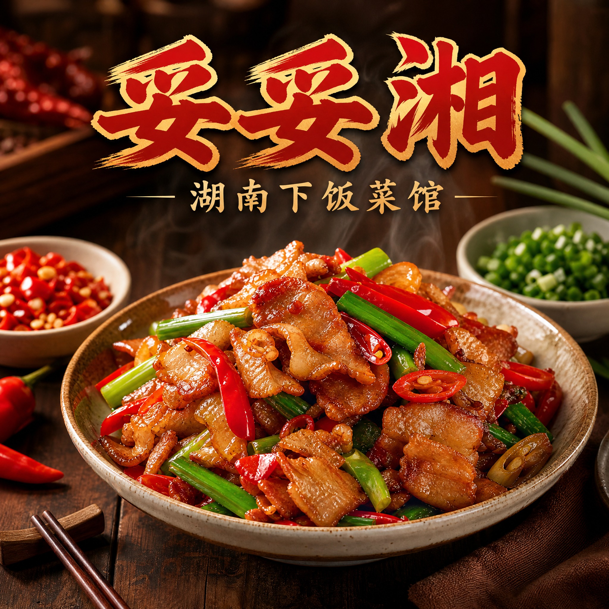 写实商业摄影风格，湖南下饭菜馆头像设计，正方形构图。画面中央是… - 图片创意预览