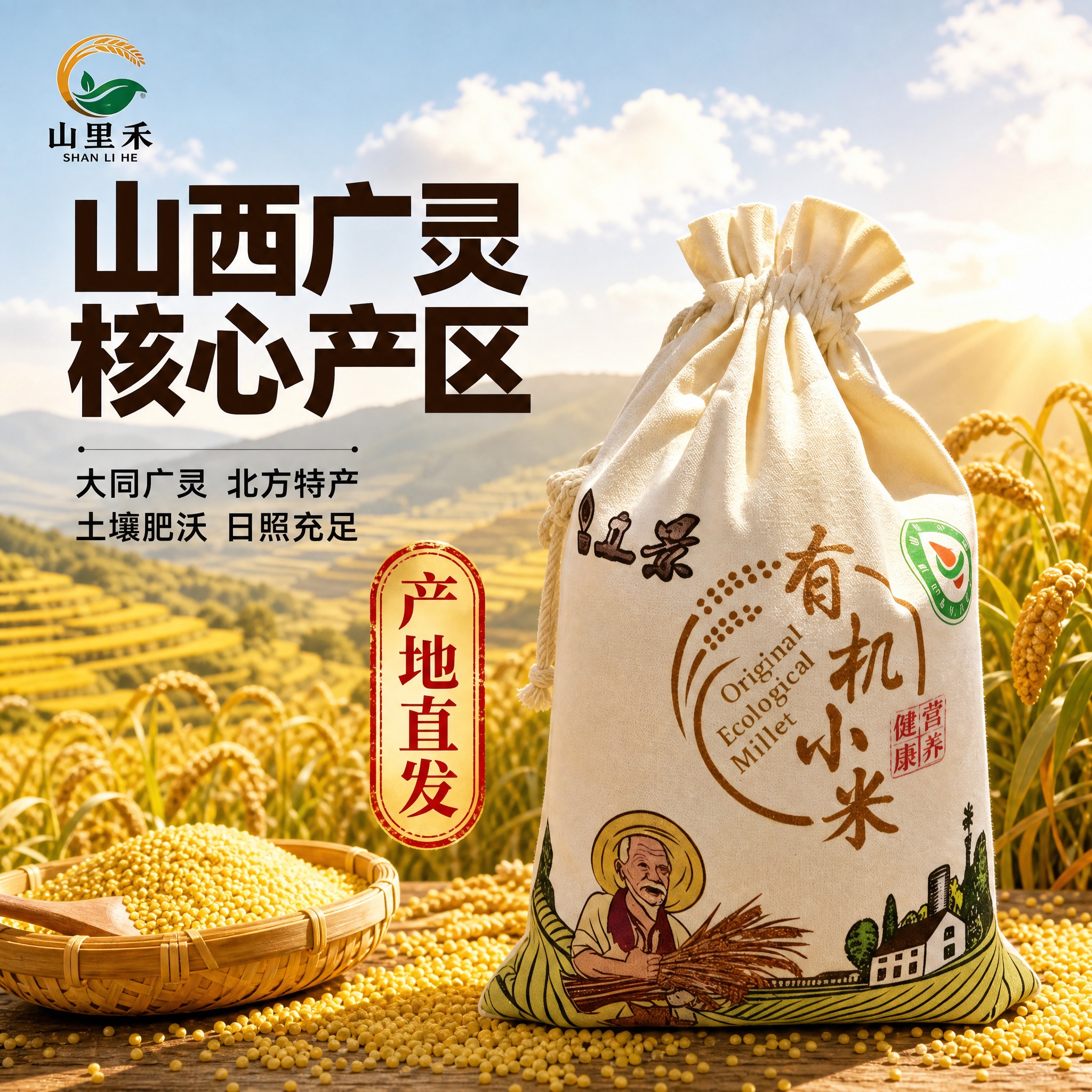 [主图-2] 布袋装有机小米产地溯源图，突出山西大同广灵核心产… - 图片创意预览