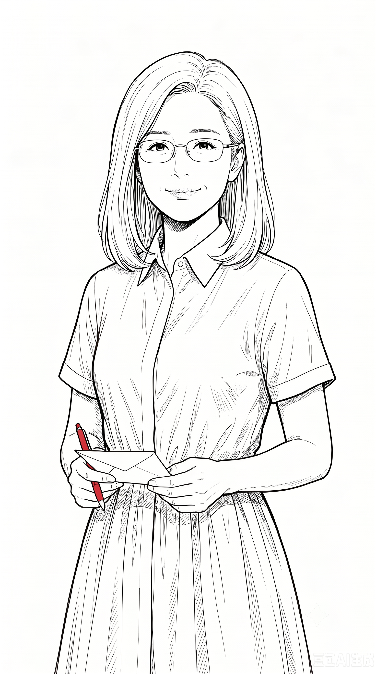 黑白线稿漫画风格，和参考图一致的手绘线条风格，40岁女老师，齐… - 图片创意预览