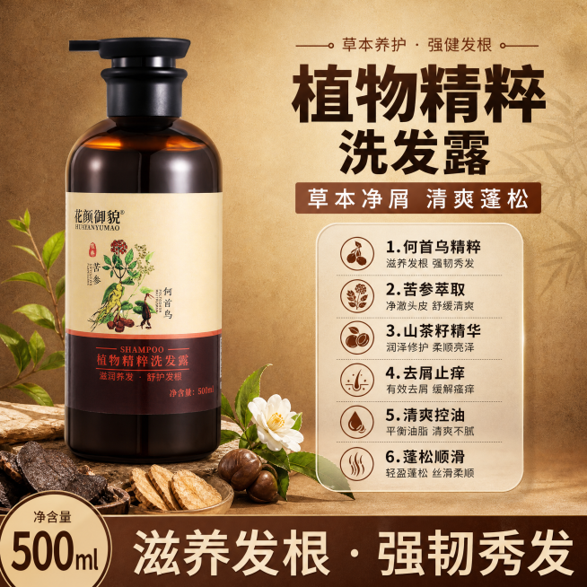 「图片1」，生成电商主图（10张），商品名称是植物精粹洗发露，卖点是内含何首乌、苦参、山茶籽萃取精华，去屑止痒，清爽蓬松，适配拼多多平台，主图比例为1:1像素要求1440*1440，以棕色背景为主，要预览效果