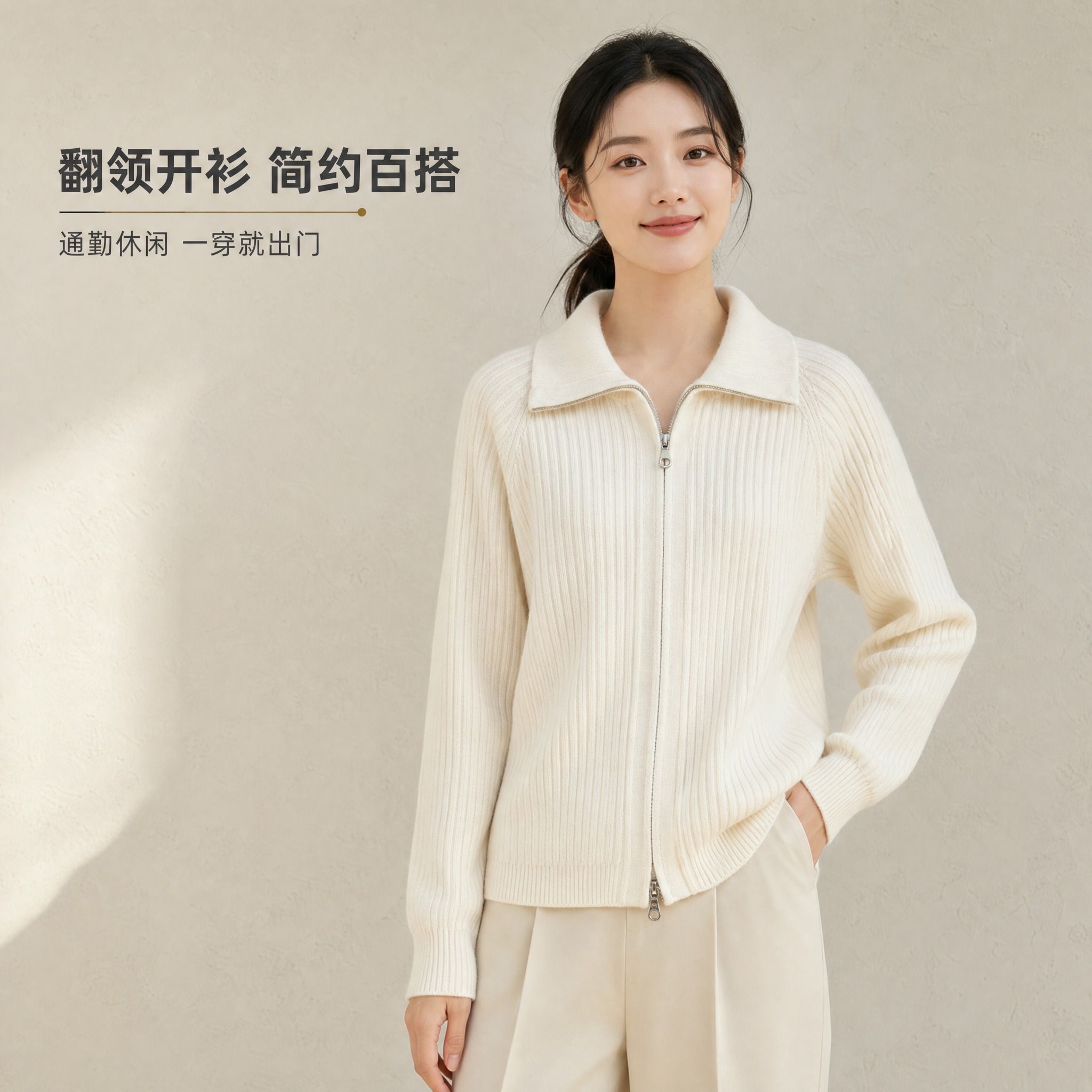 [主图-1] 唯一任务：首图展示奶白色翻领拉链竖坑条针织开衫的… - 图片创意预览