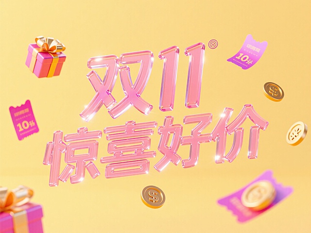 粉色玻璃艺术字"双11 惊喜好价"。周围漂浮点缀礼盒、优惠券、金币等促销元素，线条流畅，暖黄色背景，高纯度配色。