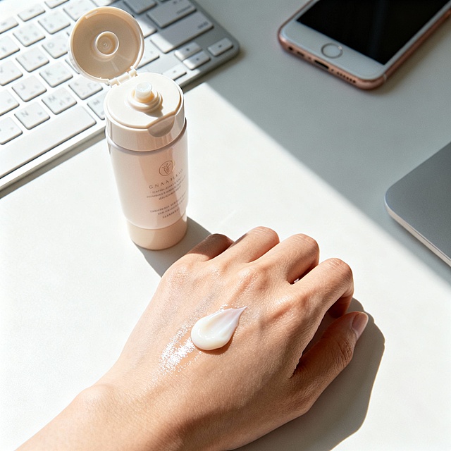 帮我生成图片：跟风入的这支护手霜真的救大命！质地是那种润而不油的乳霜感，推开瞬间就吸收了，完全不会黏糊糊沾键盘、沾手机屏幕。结合这段正文给他搭配一张图