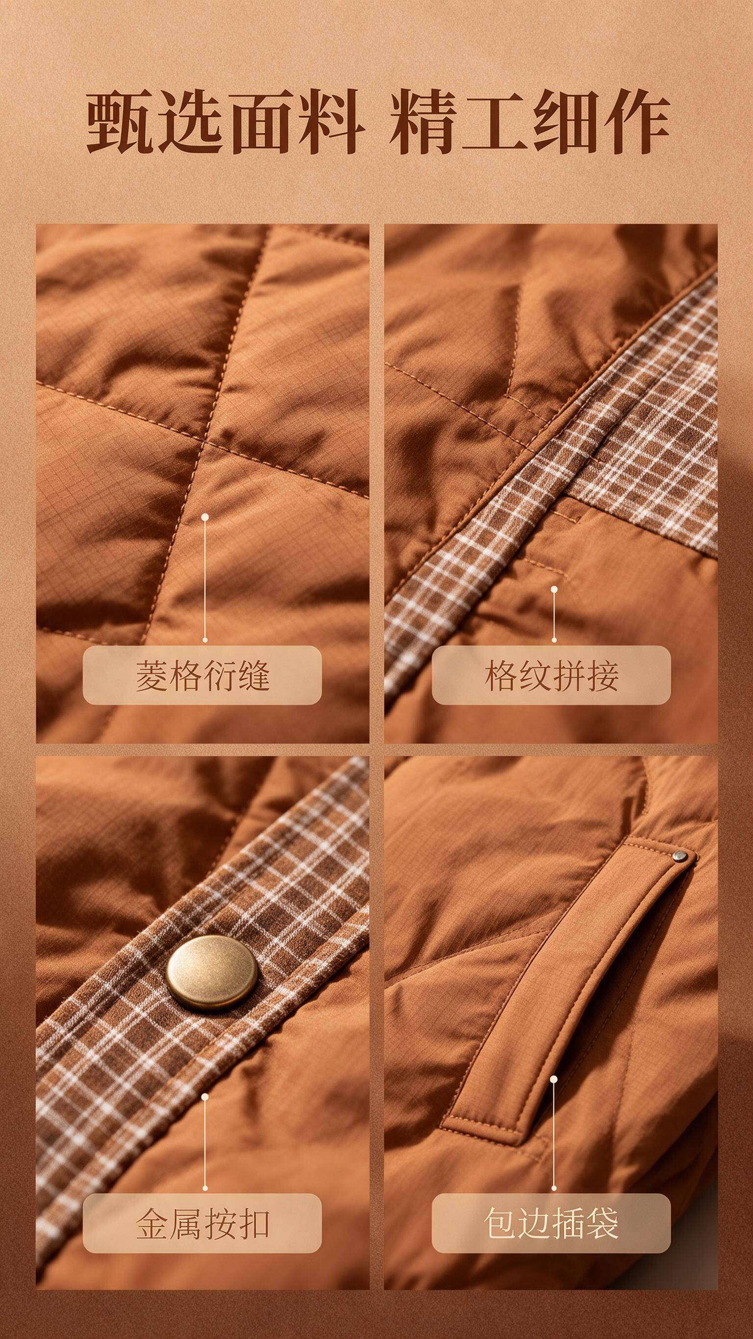 [商品] 使用【图1】焦糖棕复古格纹拼接翻领棉服夹克；商品处理… - 图片创意预览