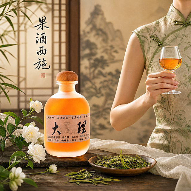添加文案"果酒西施"，字体为适中大小黑色手写书法字，柔和不抢眼，不遮挡主体产品和茉莉花、龙井茶点缀，整体画面保持高级雅致新中式风格, 1:1尺寸