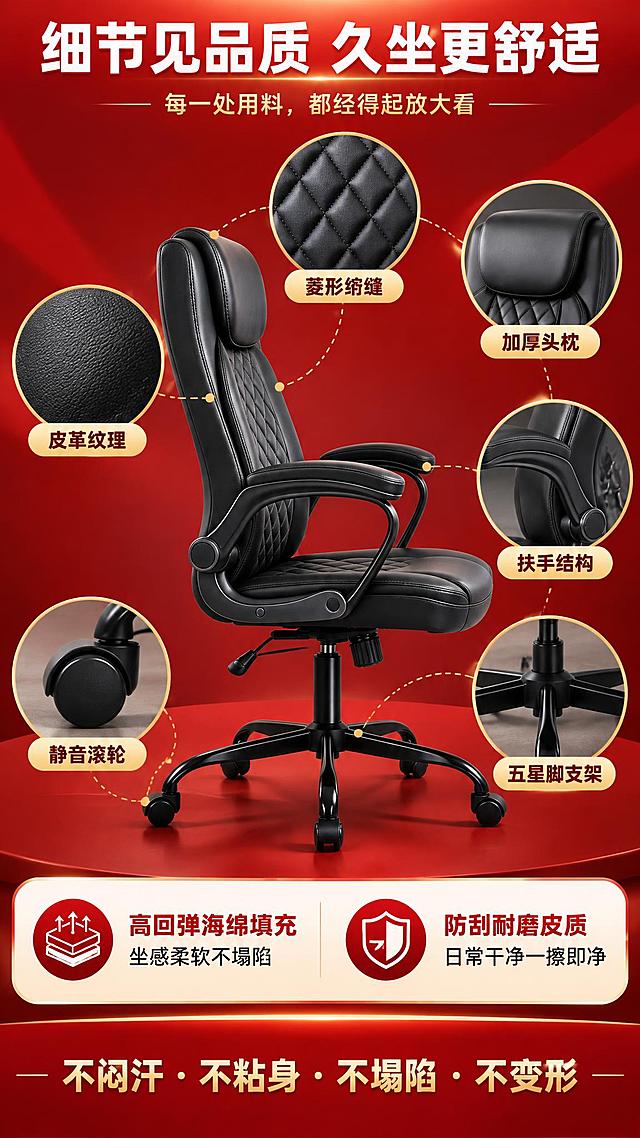 图生图模式：第1张为详情页版式参考，第2-5张为产品素材（黑色菱形绗缝皮质老板椅，保持椅子外观、颜色、材质、结构完全一致）。生成红色调双十一详情页第3页「材质细节」，9:16竖版。

画面结构：
- 顶部标题区：红色渐变底，白色粗体大字「细节见品质 久坐更舒适」+金色小字「每一处用料，都经得起放大看」
- 中央：黑色皮质老板椅侧视大图，周围用金色虚线圆框引出六个局部特写：
  - 「菱形绗缝」（靠背绗缝纹理特写）
  - 「加厚头枕」（头枕局部特写）
  - 「皮革纹理」（皮面细腻纹理特写）
  - 「扶手结构」（扶手与支架连接处特写）
  - 「静音滚轮」（滚轮特写）
  - 「五星脚支架」（五角底座特写）
- 下方：白色圆角卡片红字小字说明「高回弹海绵填充，坐感柔软不塌陷」「防刮耐磨皮质，日常干净一擦即净」
- 底部红条：金色字「不闷汗 · 不粘身 · 不塌陷 · 不变形」

整体要求：字体为「阿里巴巴普惠体」风格（现代无衬线黑体、字形方正、笔画均匀），文字清晰无错别字无乱码，无任何水印。