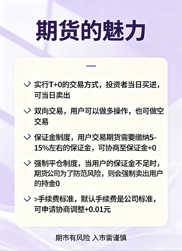 小清新风格期货知识宣传海报，版式清爽简约，浅紫与奶白色温柔配色，主标题为"期货的魅力"，包含完整文字内容：✅ 实行T+0的交易方式，投资者当日买进，可当日卖出。✅ 双向交易，用户可以做多操作，也可做空交易。✅ 保证金制度，用户交易期货需要缴纳5-15%左右的保证金，可协商至保证金+0；✅ 强制平仓制度，当用户的保证金不足时，期货公司为了防范风险，则会强制卖出用户的持仓。✅手续费标准，默认手续费是公司标准，可申请协商调整+0.01元。期市有风险 入市需谨慎。项目符号列表排版，简约ins风小清新，干净留白