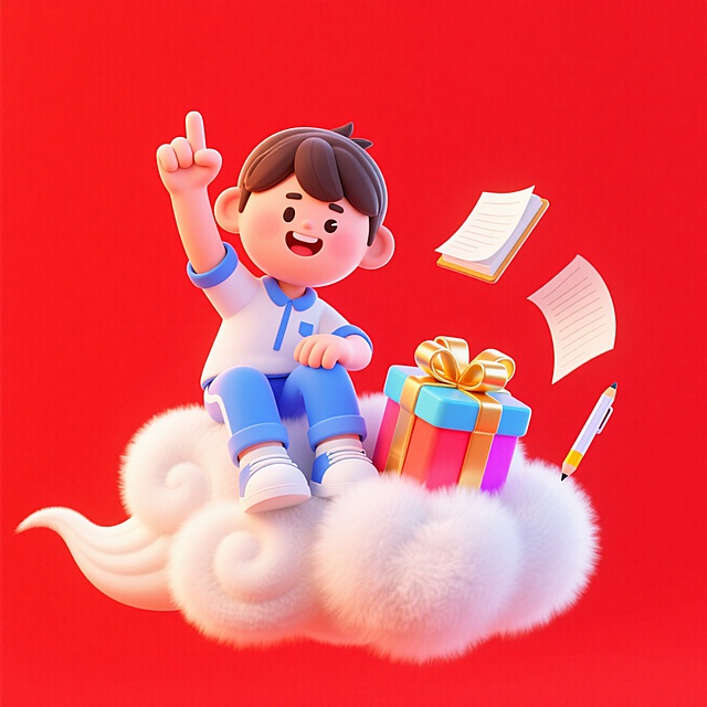 半空中，可爱的大学生坐在祥云上，做着奋斗手势脚下一个礼包造型，旁边飘着着两个书本文具。大红色背景