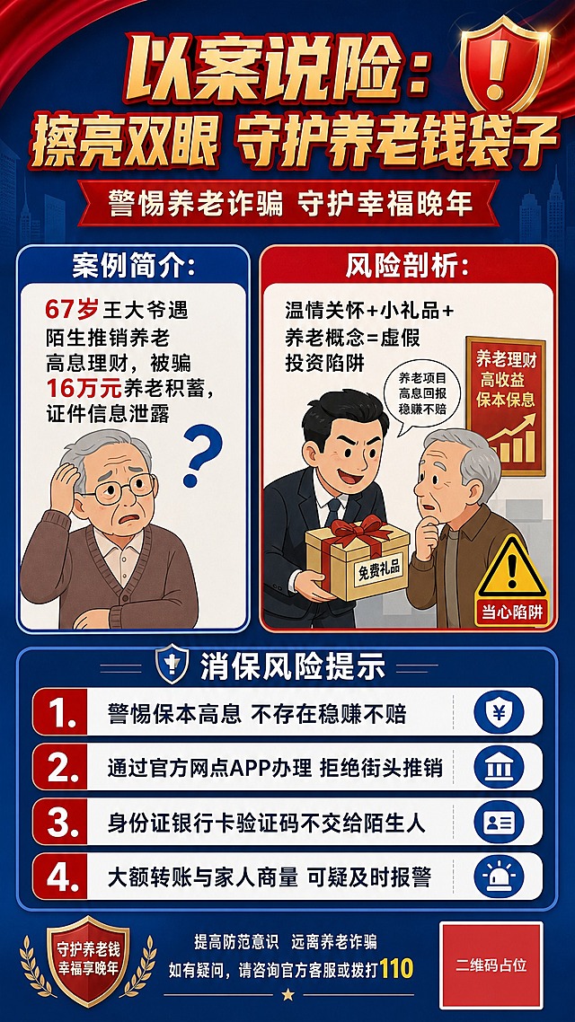 一张以案说险金融消保宣传海报，扁平插画风格，正式严肃的警示氛围，竖版9:16。

画面顶部大标题区：主标题"以案说险：擦亮双眼 守护养老钱袋子"，副标题"警惕养老诈骗 守护幸福晚年"，字体醒目有力，红金配色突出警示感。

画面中部左侧为案例简介区，配一位老年男性困惑表情的扁平插画，旁边文字"案例简介：67岁王大爷遇陌生推销养老高息理财，被骗16万元养老积蓄，证件信息泄露"。

画面中部右侧为风险剖析区，配骗子手持礼品引诱老人的警示插画，旁边文字"风险剖析：温情关怀+小礼品+养老概念=虚假投资陷阱"。

画面底部为消保风险提示区，四个编号条目整齐排列：
"1. 警惕保本高息 不存在稳赚不赔"
"2. 通过官方网点APP办理 拒绝街头推销"
"3. 身份证银行卡验证码不交给陌生人"
"4. 大额转账与家人商量 可疑及时报警"

整体配色以深蓝、红色警示色为主，搭配白色文字，信息分区清晰，编号列表规整，低装饰高可读性，版式精美，四周留安全边距。画面底部有"消保风险提示"标识。

画面中所有数字必须精确渲染，不得错位、遗漏或编造，特别是"67岁"和"16万元"必须准确呈现。
画面中所有信息区域必须填充完整合理的内容，不得出现空白框或待填写区域。
画面中所有二维码区域使用纯色方块占位符呈现，方块中央标注"二维码占位"文字，严禁生成任何可识别的二维码图案。