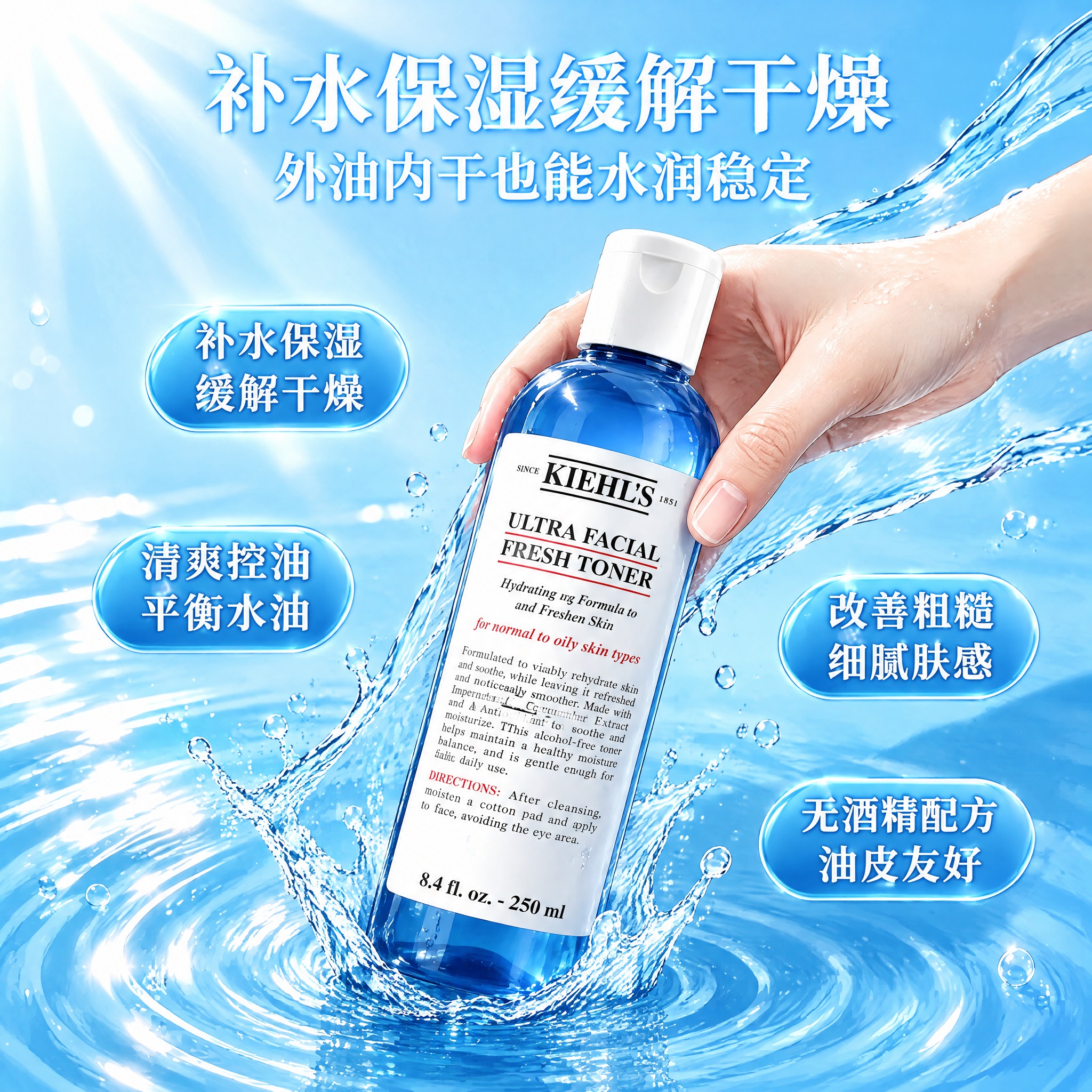 参考第二张图的排版布局，将第一张图中的科颜氏蓝色爽肤水产品按照… - 图片创意预览