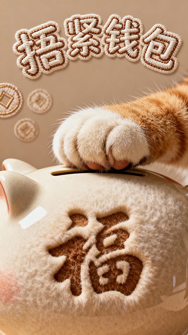 3D卡通风格，刺绣风文字与浮雕“福”字结合，猫咪爪子轻按存钱罐，温馨喜庆，传递新年招财祝福。