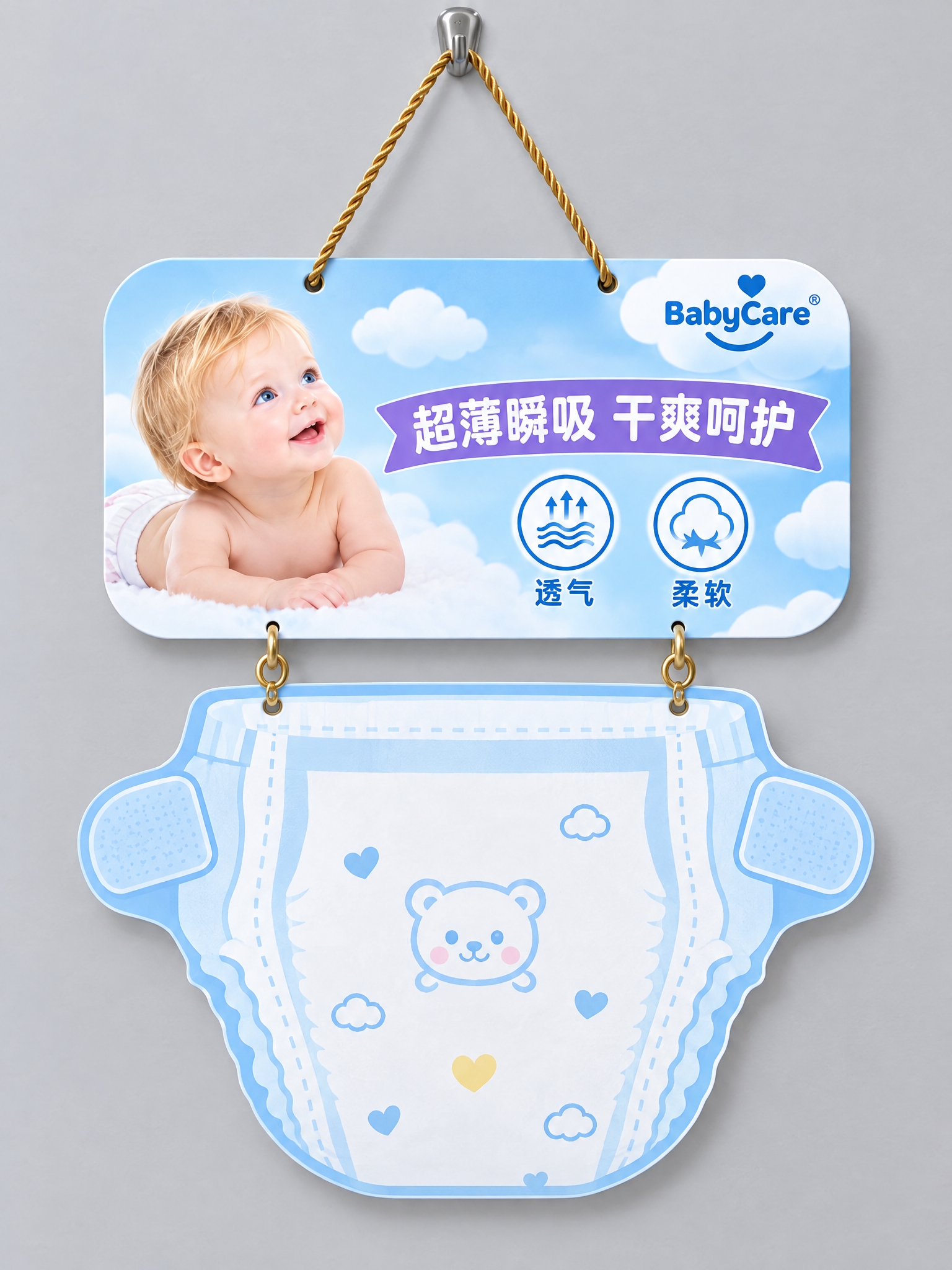 基于参考图的纸尿裤挂板，将下方的透明立体尿裤展示盒改为平整的平… - 图片创意预览