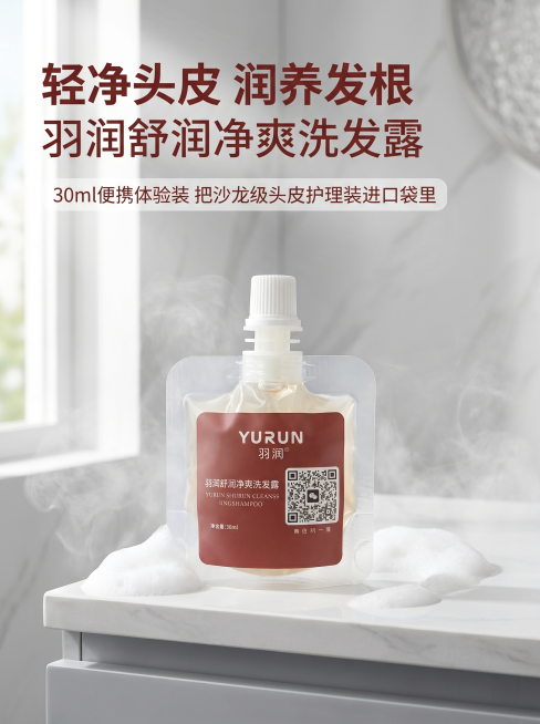 [主图 1] 羽润舒润净爽洗发露首屏主图。氛围风格：简约清新高级美妆个护风格，纯净自然科技感。画质：商业摄影质感，光线柔和通透，产品清晰真实，画面干净高级。元素：羽润舒润净爽洗发露袋装产品居中放置在简预览效果