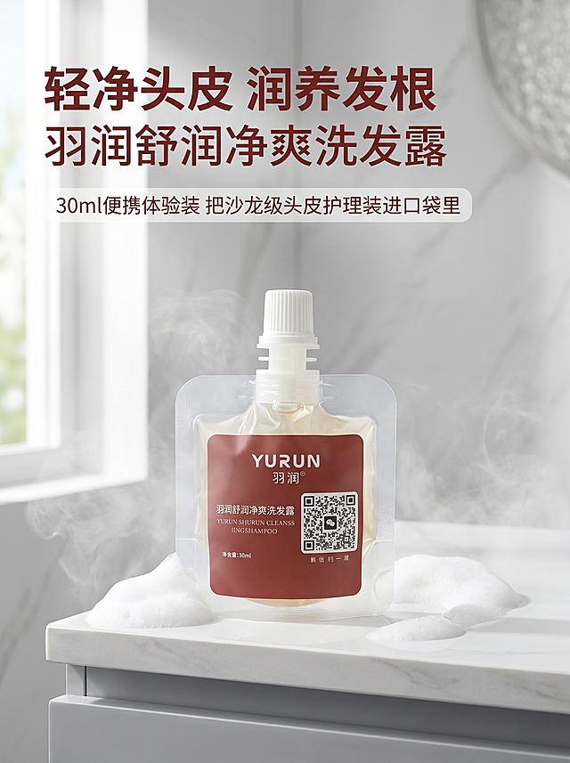 [主图 1] 羽润舒润净爽洗发露首屏主图。氛围风格：简约清新高级美妆个护风格，纯净自然科技感。画质：商业摄影质感，光线柔和通透，产品清晰真实，画面干净高级。元素：羽润舒润净爽洗发露袋装产品居中放置在简约浅灰白色调浴室台面上，背景搭配柔和水雾和绵密白色泡沫点缀，右侧留出足够负空间放置主副标题。保持产品外观（物理结构、材质质感、颜色）与输入产品图完全一致，杜绝任何变形和色差，精细化处理。商品主体占比约为70%，画面满屏无边框。光影：柔和自然光从左侧窗口射入，形成大面积柔光，主光清晰勾勒产品轮廓，辅光填充暗部消除死黑，泡沫和水雾处点缀柔和高光，整体通透不灰蒙。配色：主色调米白浅灰，辅助色为产品本身红棕色，整体清爽干净。视角构图：平视产品中心构图，景深适中，前景干净突出主体。文字版式：左上安全边距左对齐，主标题“轻净头皮 润养发根”红棕色最大号粗体无衬线字体，产品名“羽润舒润净爽洗发露”在主标题下方字体稍小；副标题“30ml便携体验装 把沙龙级头皮护理装进口袋里”白色半透明底框，字体为标题一半大小，清晰易读。字色与背景形成强烈对比，不遮挡产品主体。比例分辨率：3:4比例，2k分辨率，文字清晰可辨，超高清。负向提示词：变形，水印，文字错乱，产品图模糊，背景杂乱，二维码，微信元素